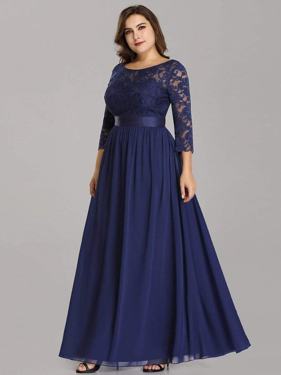 Color=Navy Blue | Plus Size See-Through Floor Length Lace Evening Dress With Half Sleeve-Navy Blue 4