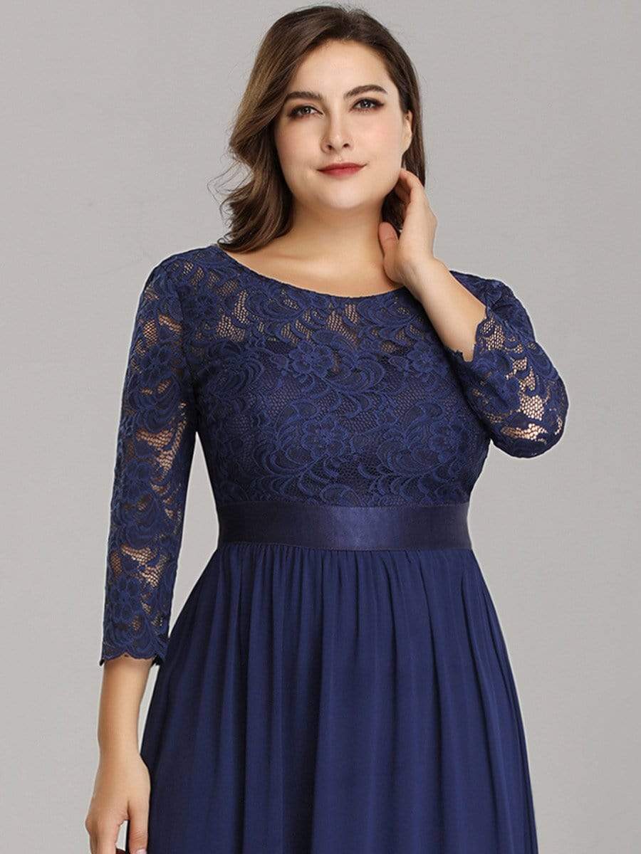 Color=Navy Blue | Plus Size See-Through Floor Length Lace Evening Dress With Half Sleeve-Navy Blue 5