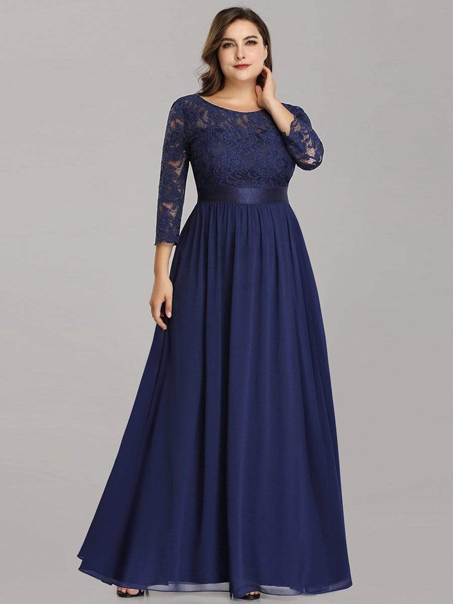 Color=Navy Blue | Plus Size See-Through Floor Length Lace Evening Dress With Half Sleeve-Navy Blue 1