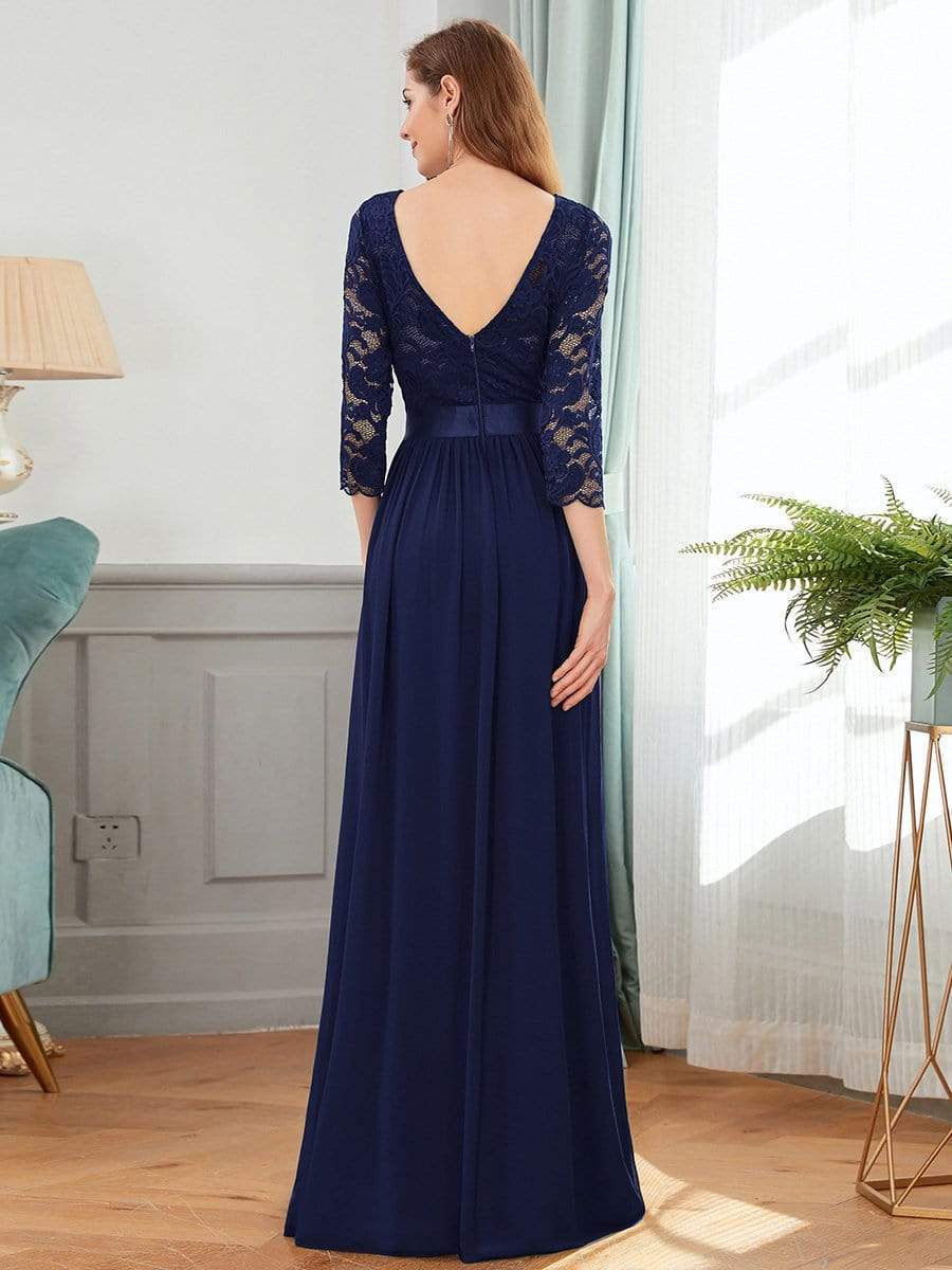COLOR=Navy Blue | See-Through Floor Length Lace Evening Dress With Half Sleeve-Navy Blue 2
