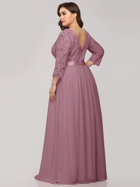 Color=Purple Orchid | Plus Size See-Through Floor Length Lace Evening Dress With Half Sleeve-Purple Orchid 2