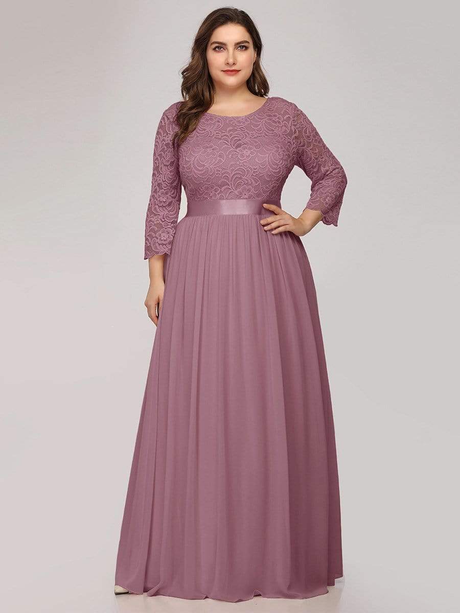 Color=Purple Orchid | Plus Size See-Through Floor Length Lace Evening Dress With Half Sleeve-Purple Orchid 1