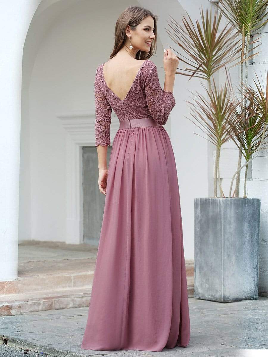 COLOR=Purple Orchid | See-Through Floor Length Lace Evening Dress With Half Sleeve-Purple Orchid 2