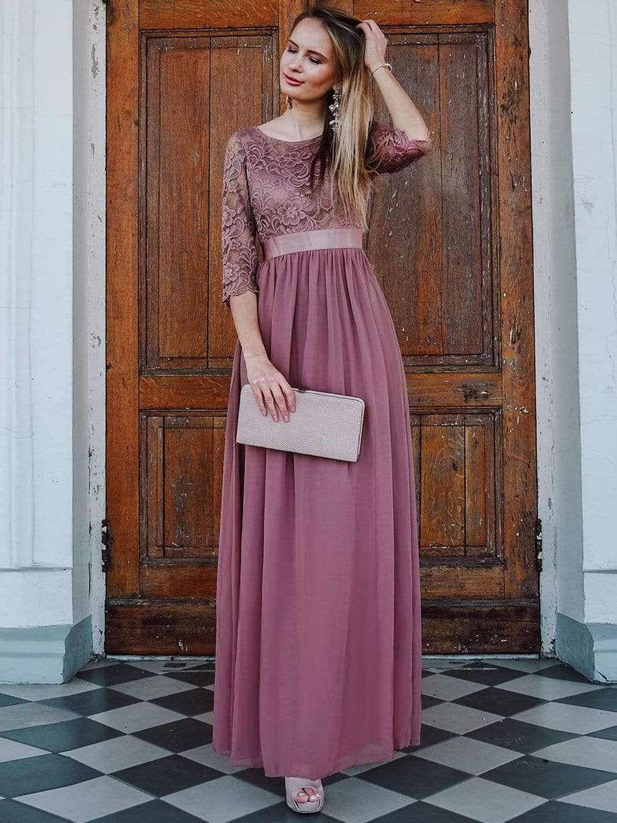 COLOR=Purple Orchid | See-Through Floor Length Lace Evening Dress With Half Sleeve-Purple Orchid 8