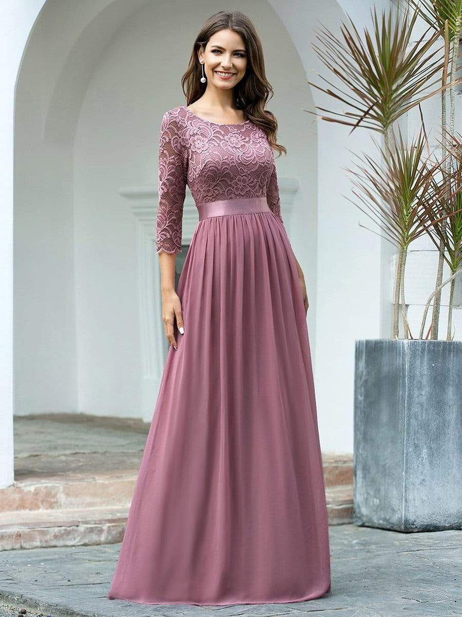 COLOR=Purple Orchid | See-Through Floor Length Lace Evening Dress With Half Sleeve-Purple Orchid 1