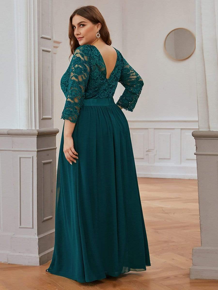 COLOR=Teal | See-Through Floor Length Lace Evening Dress With Half Sleeve-Teal 4