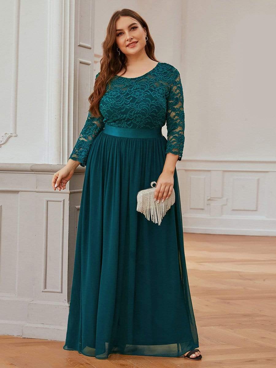COLOR=Teal | See-Through Floor Length Lace Evening Dress With Half Sleeve-Teal 4