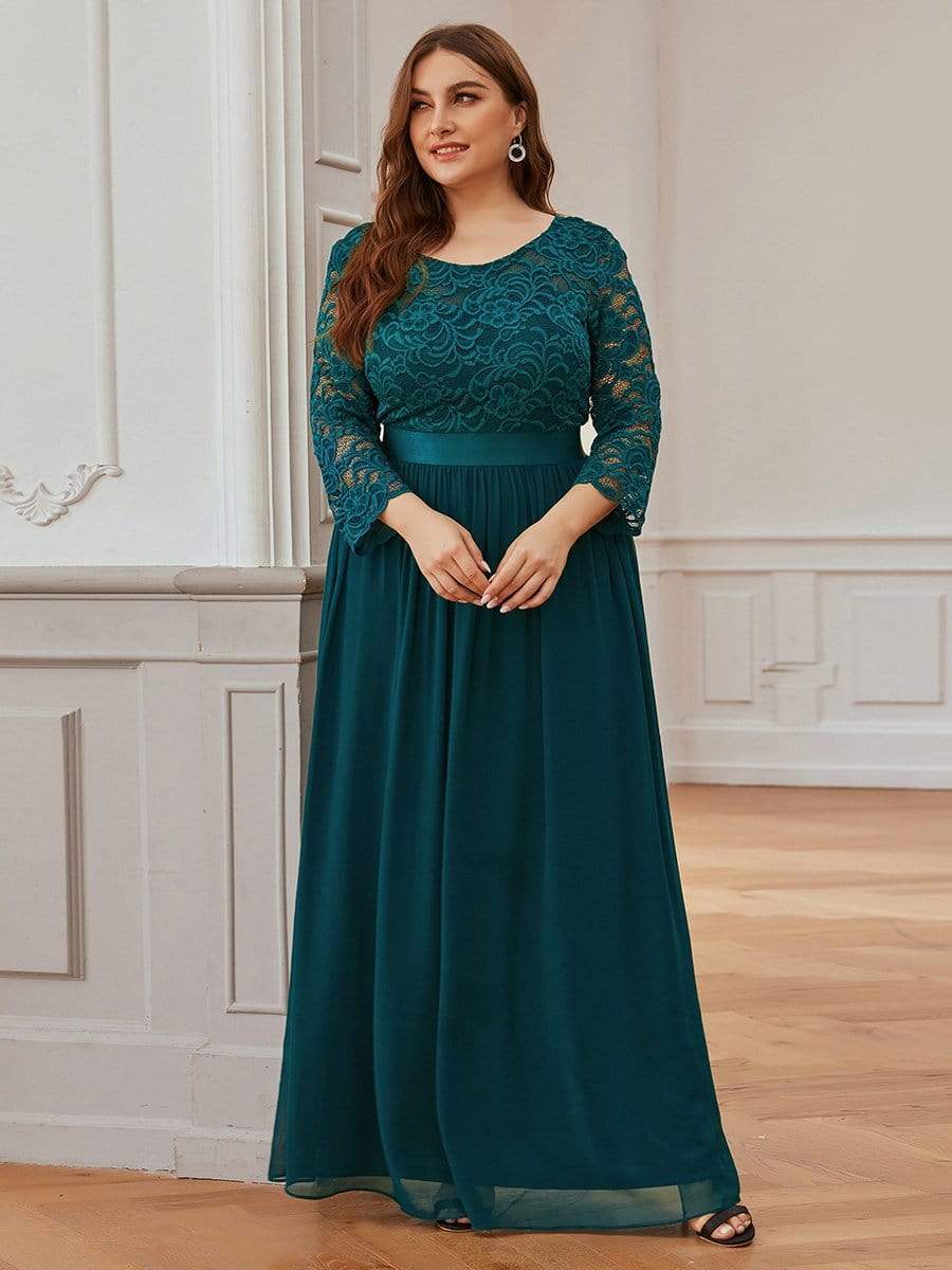 COLOR=Teal | See-Through Floor Length Lace Evening Dress With Half Sleeve-Teal 5