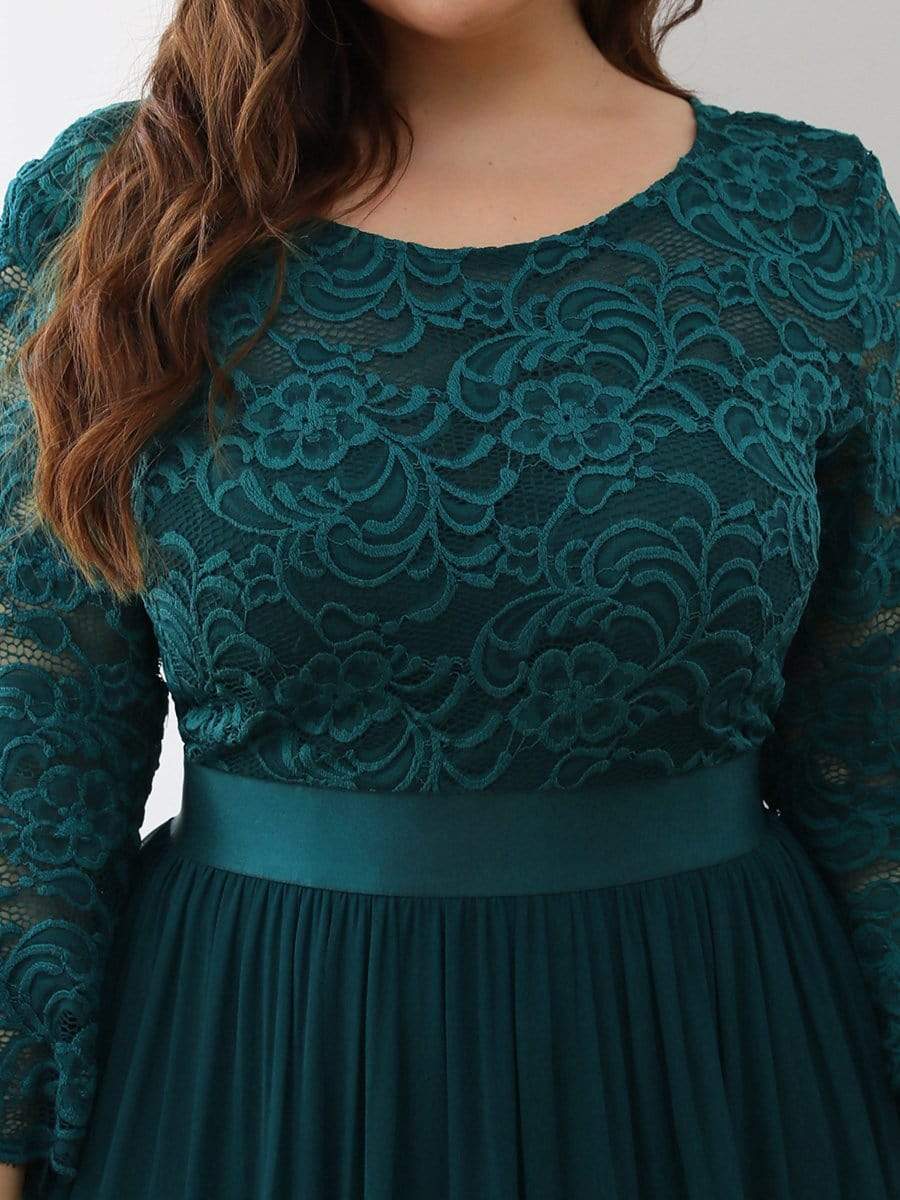 COLOR=Teal | See-Through Floor Length Lace Evening Dress With Half Sleeve-Teal 5