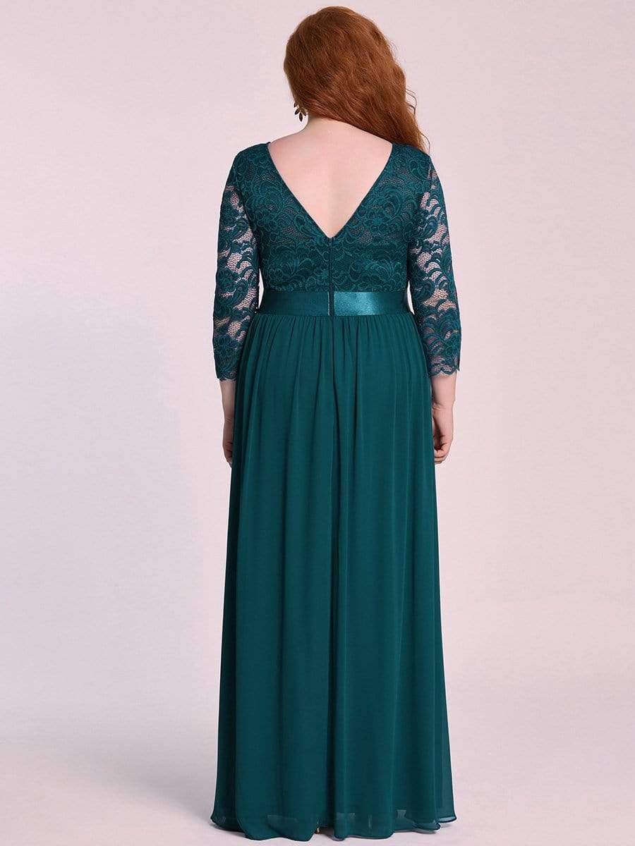 COLOR=Teal | See-Through Floor Length Lace Evening Dress With Half Sleeve-Teal 2