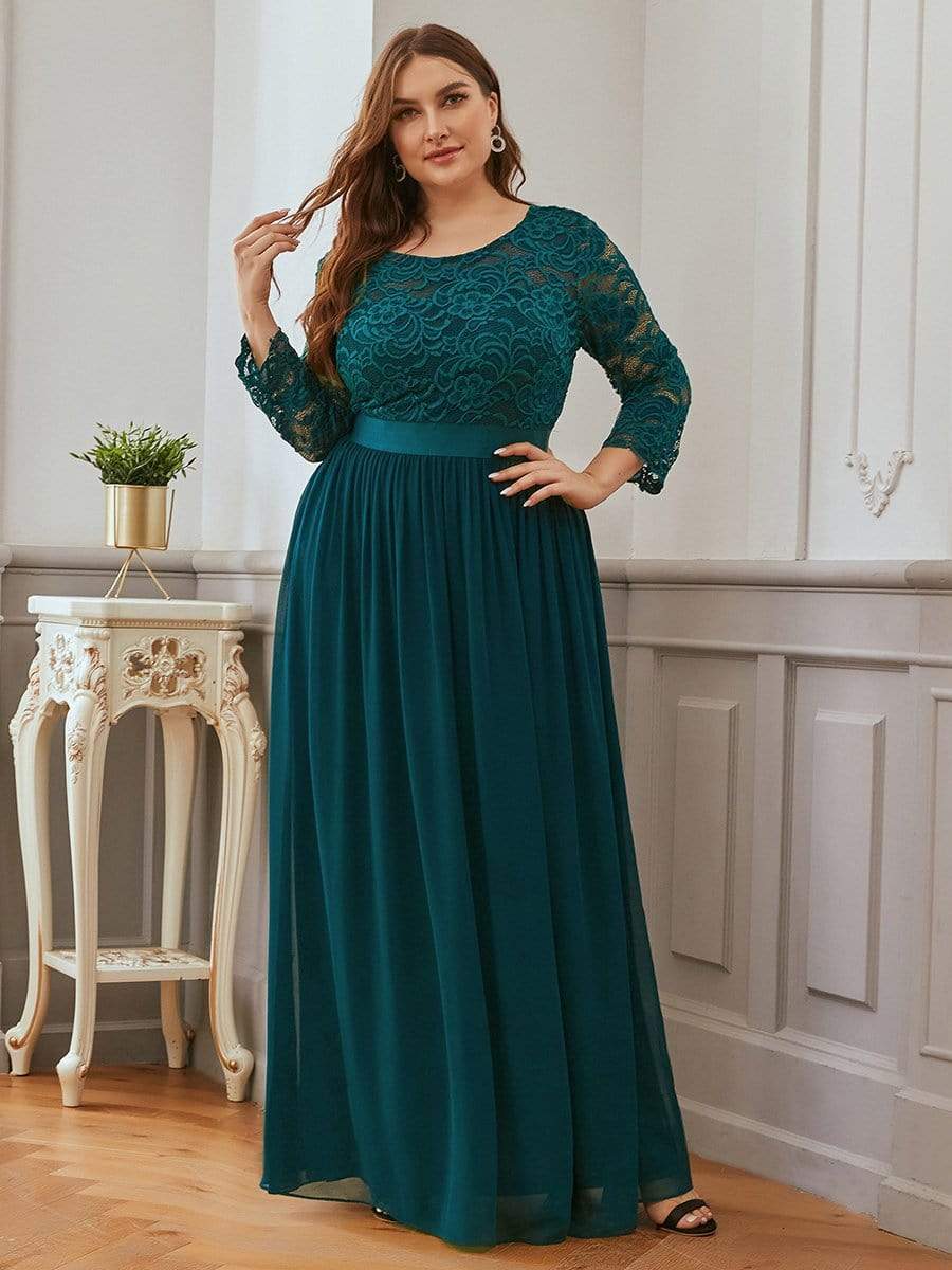 COLOR=Teal | See-Through Floor Length Lace Evening Dress With Half Sleeve-Teal 3