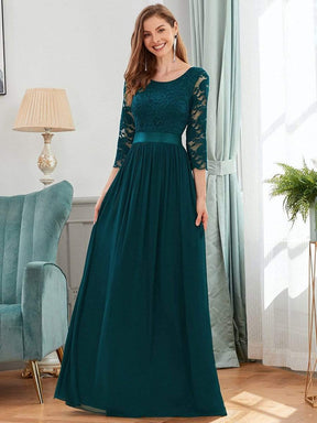 COLOR=Teal | See-Through Floor Length Lace Evening Dress With Half Sleeve-Teal 3