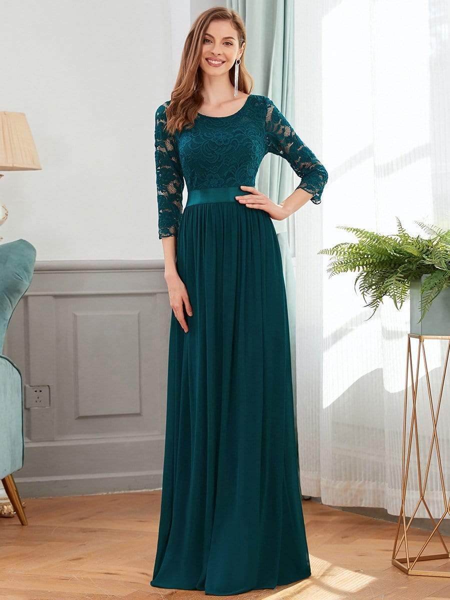 COLOR=Teal | See-Through Floor Length Lace Evening Dress With Half Sleeve-Teal 1