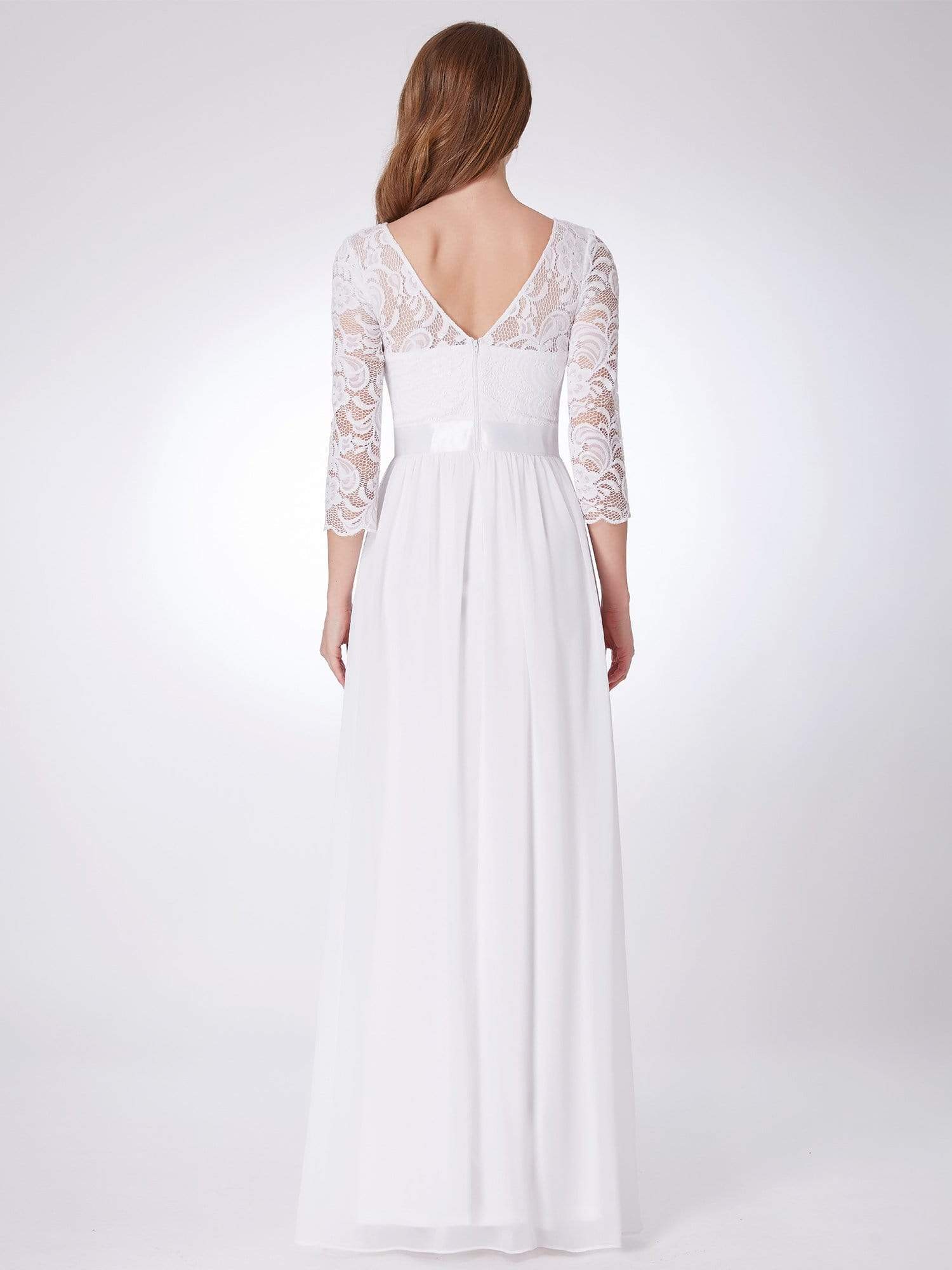 COLOR=White | See-Through Floor Length Lace Evening Dress With Half Sleeve-White 2