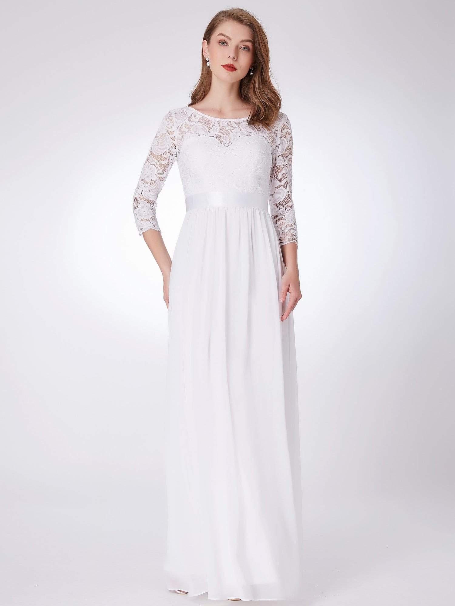 COLOR=White | See-Through Floor Length Lace Evening Dress With Half Sleeve-White 1