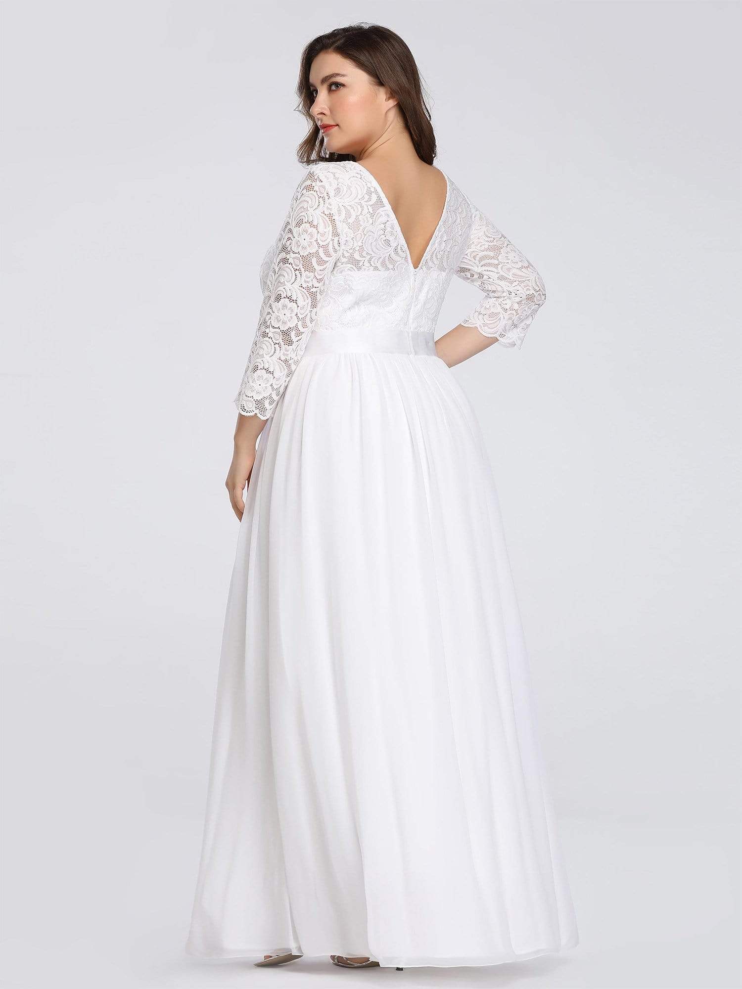 COLOR=White | See-Through Floor Length Lace Evening Dress With Half Sleeve-White 7