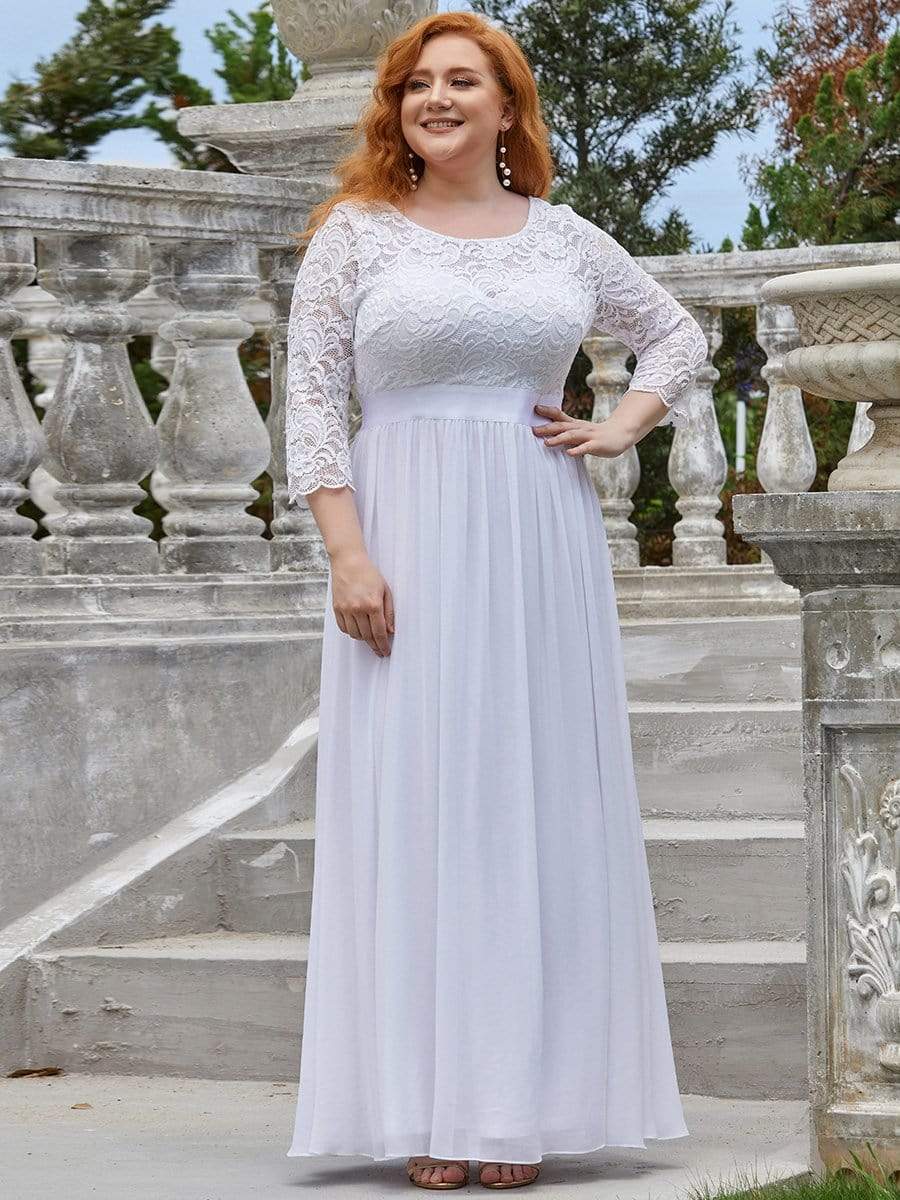 Color=White | Plus Size See-Through Floor Length Lace Evening Dress With Half Sleeve-White 1