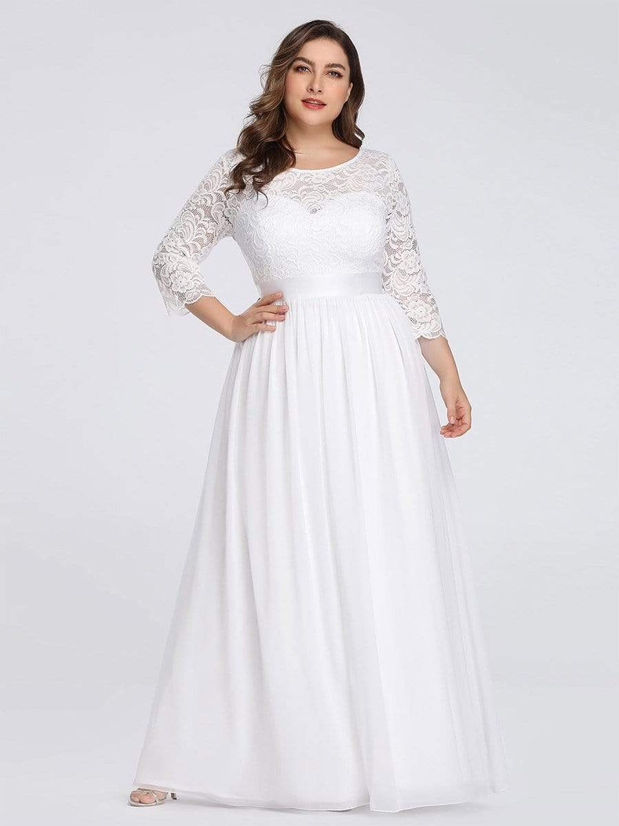 Color=White | Plus Size See-Through Floor Length Lace Evening Dress With Half Sleeve-White 3