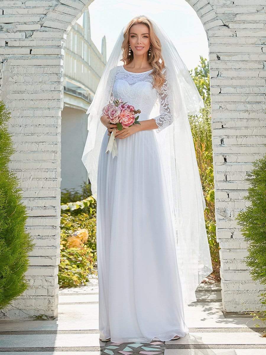 Color=White | Simple Casual Lace & Chiffon Wedding Dress For Bridal-White 1