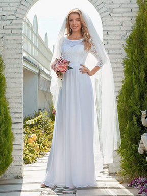 Color=White | Simple Casual Lace & Chiffon Wedding Dress For Bridal-White 2