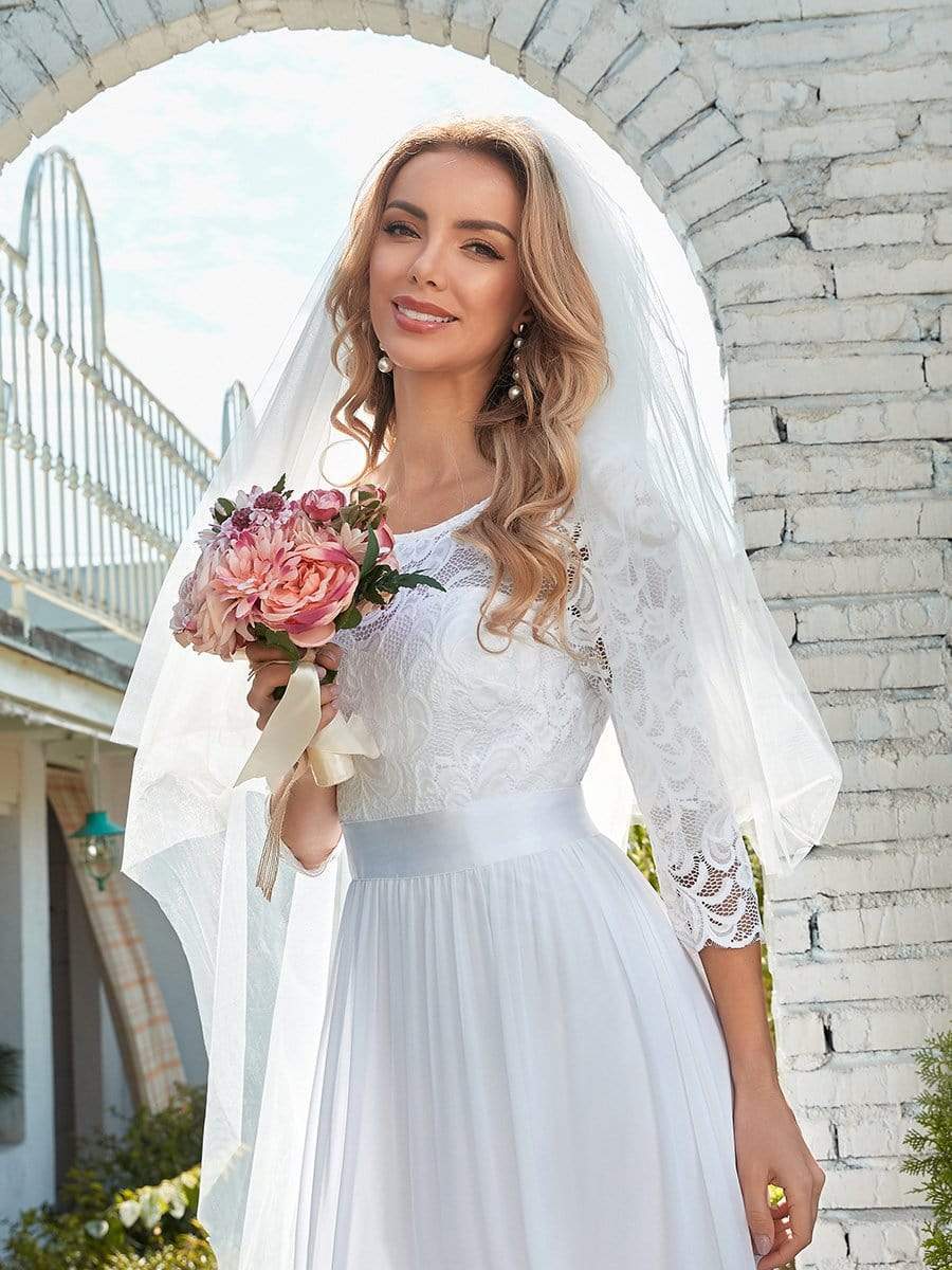 Color=White | Simple Casual Lace & Chiffon Wedding Dress For Bridal-White 3