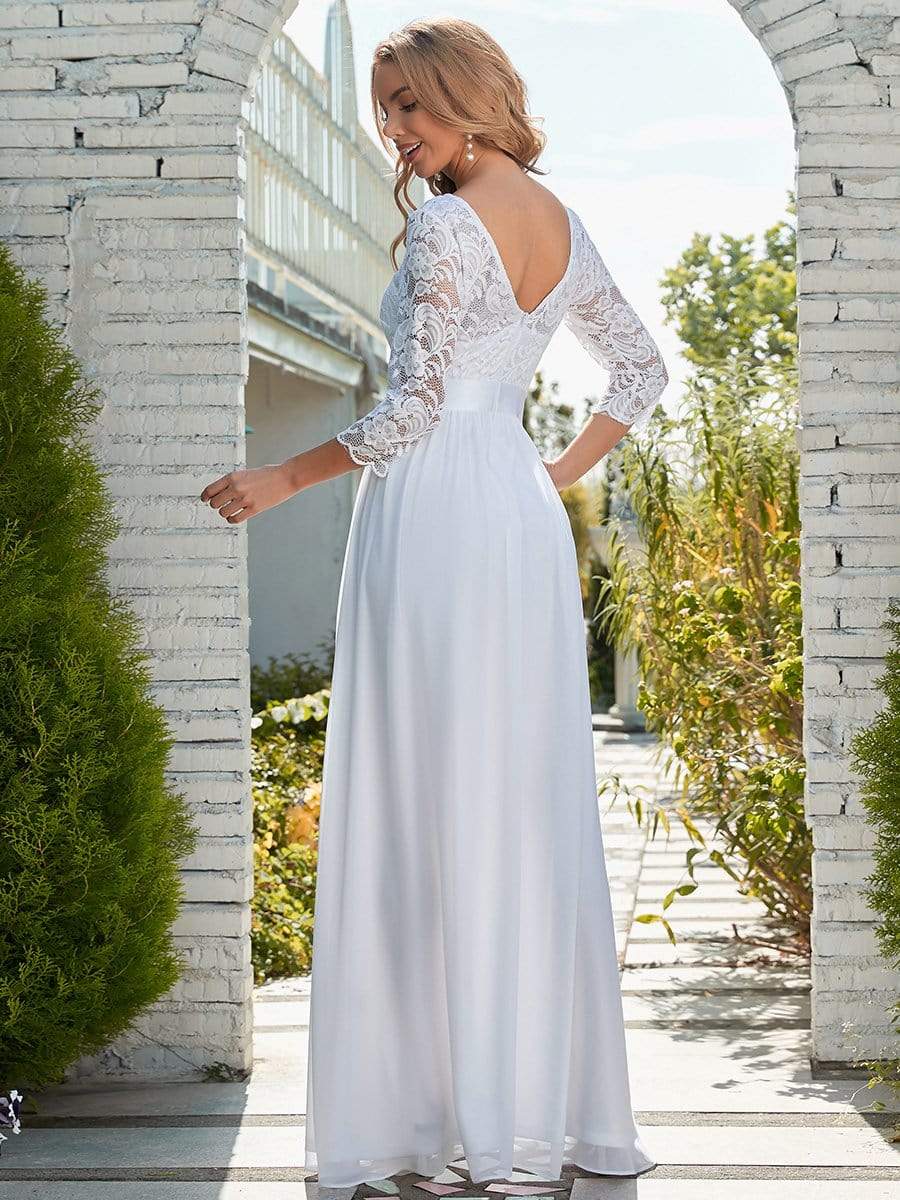 Three Quarter Sleeve Simple White Lace Wedding Dress