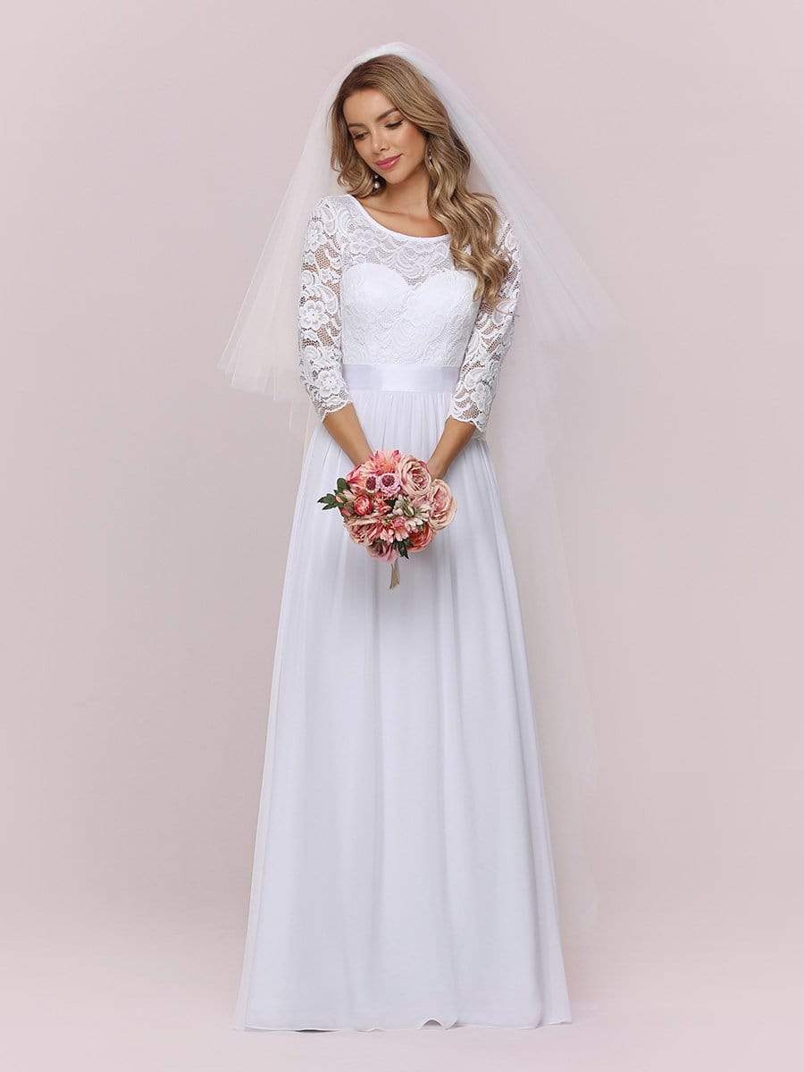 Color=White | Simple Casual Lace & Chiffon Wedding Dress For Bridal-White 4