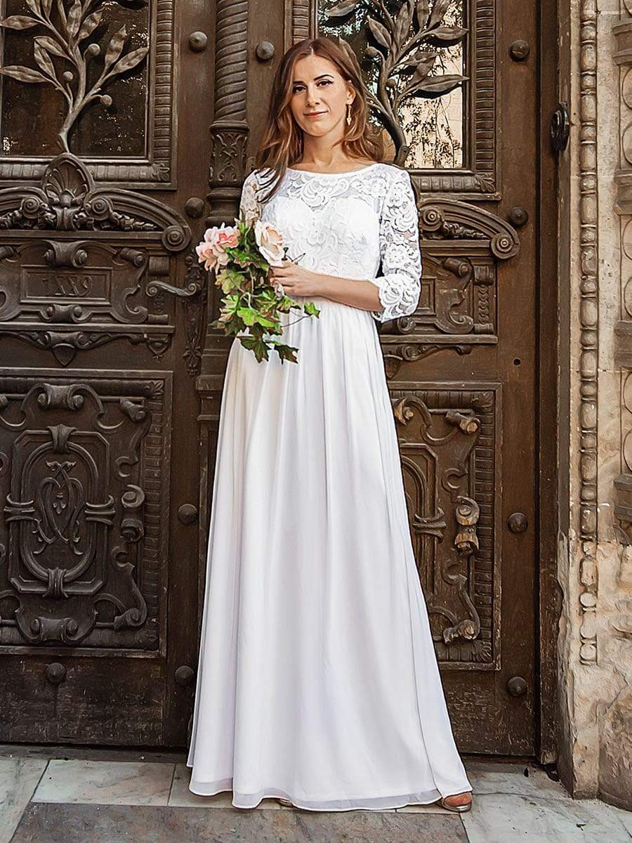 COLOR=White | See-Through Floor Length Lace Evening Dress With Half Sleeve-White 8