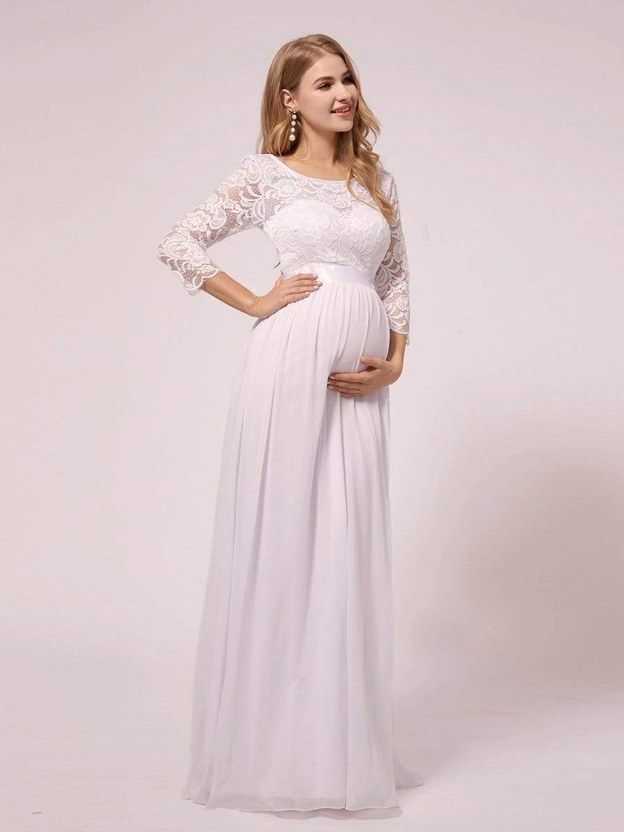 Color=White | See-Through Floor Length Lace Dress With Half Sleeve-White 5