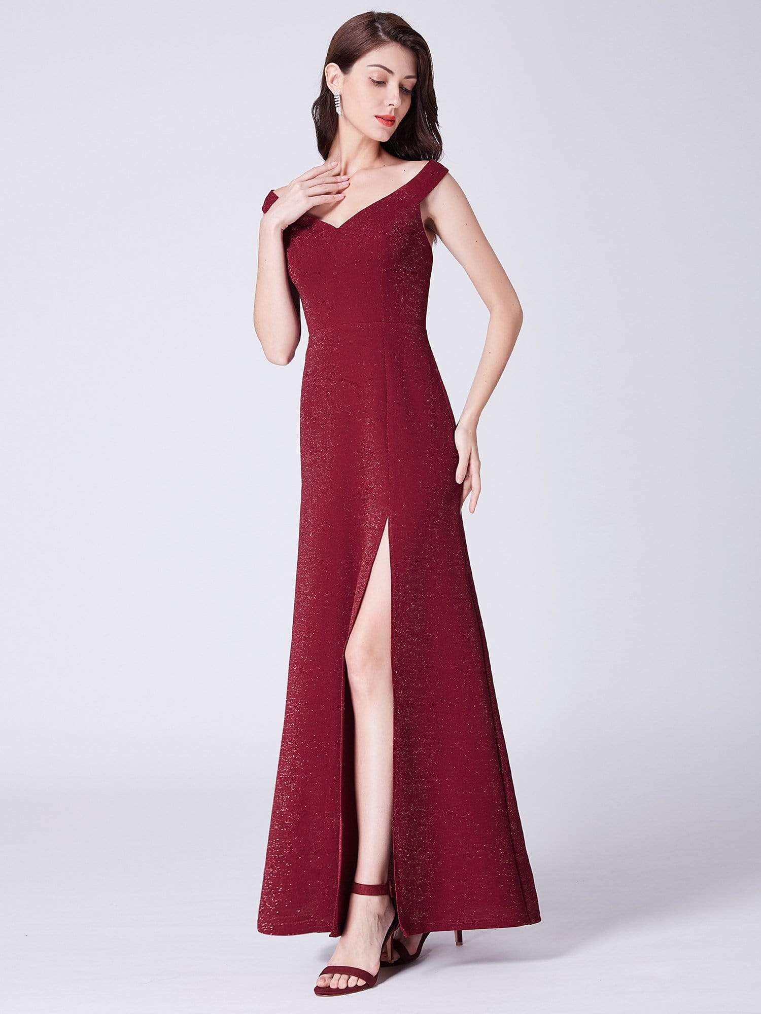 Color=Burgundy | Long Shimmery Off Shoulder Evening Dress-Burgundy 3