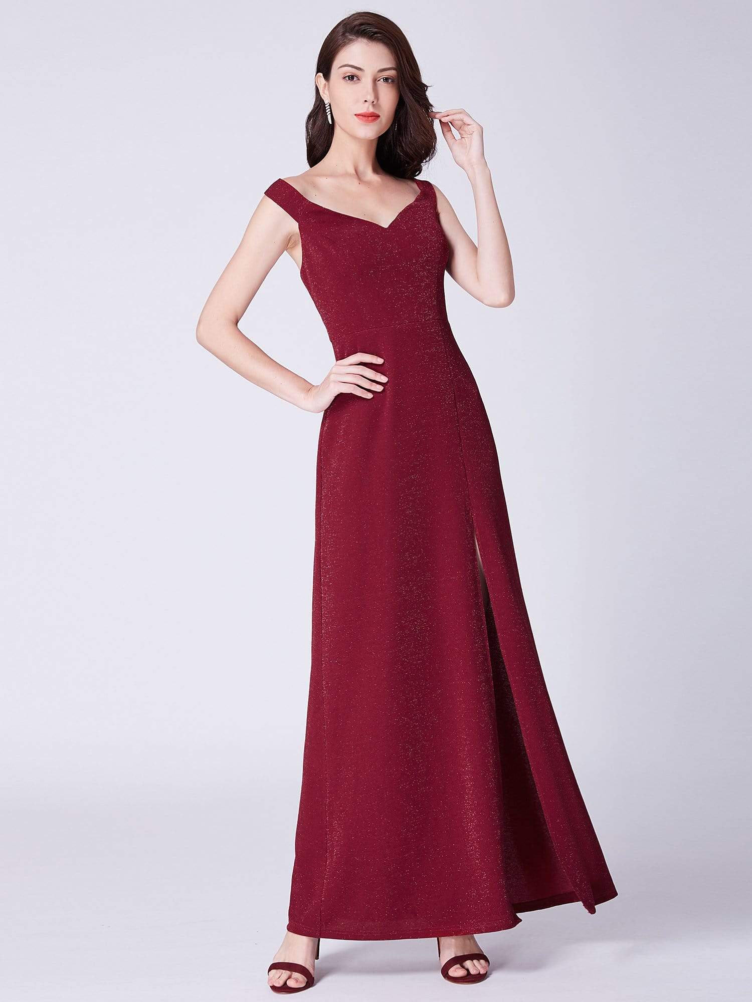 Color=Burgundy | Long Shimmery Off Shoulder Evening Dress-Burgundy 4