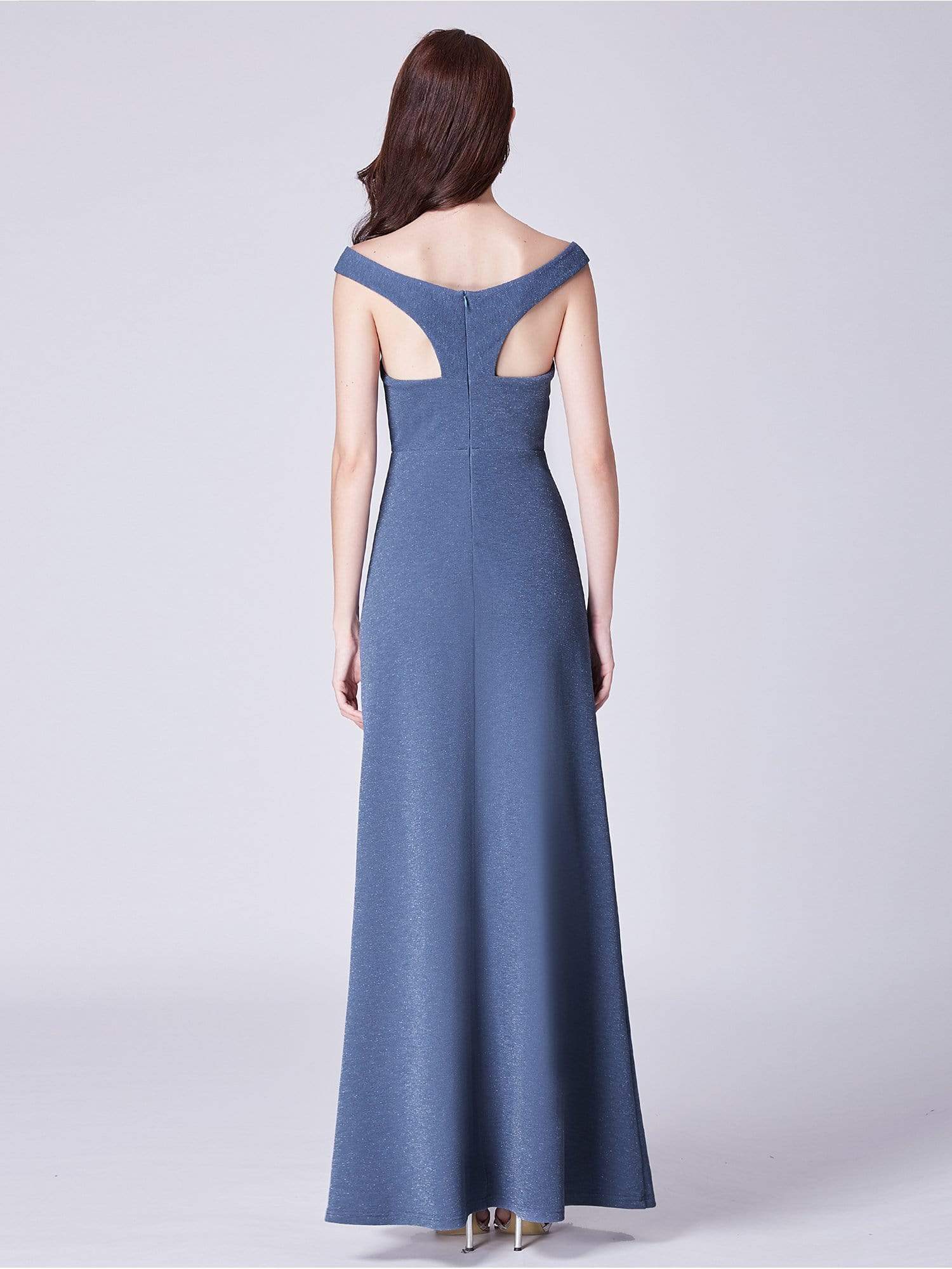 Color=Dusty Navy | Long Shimmery Off Shoulder Evening Dress-Dusty Navy 2