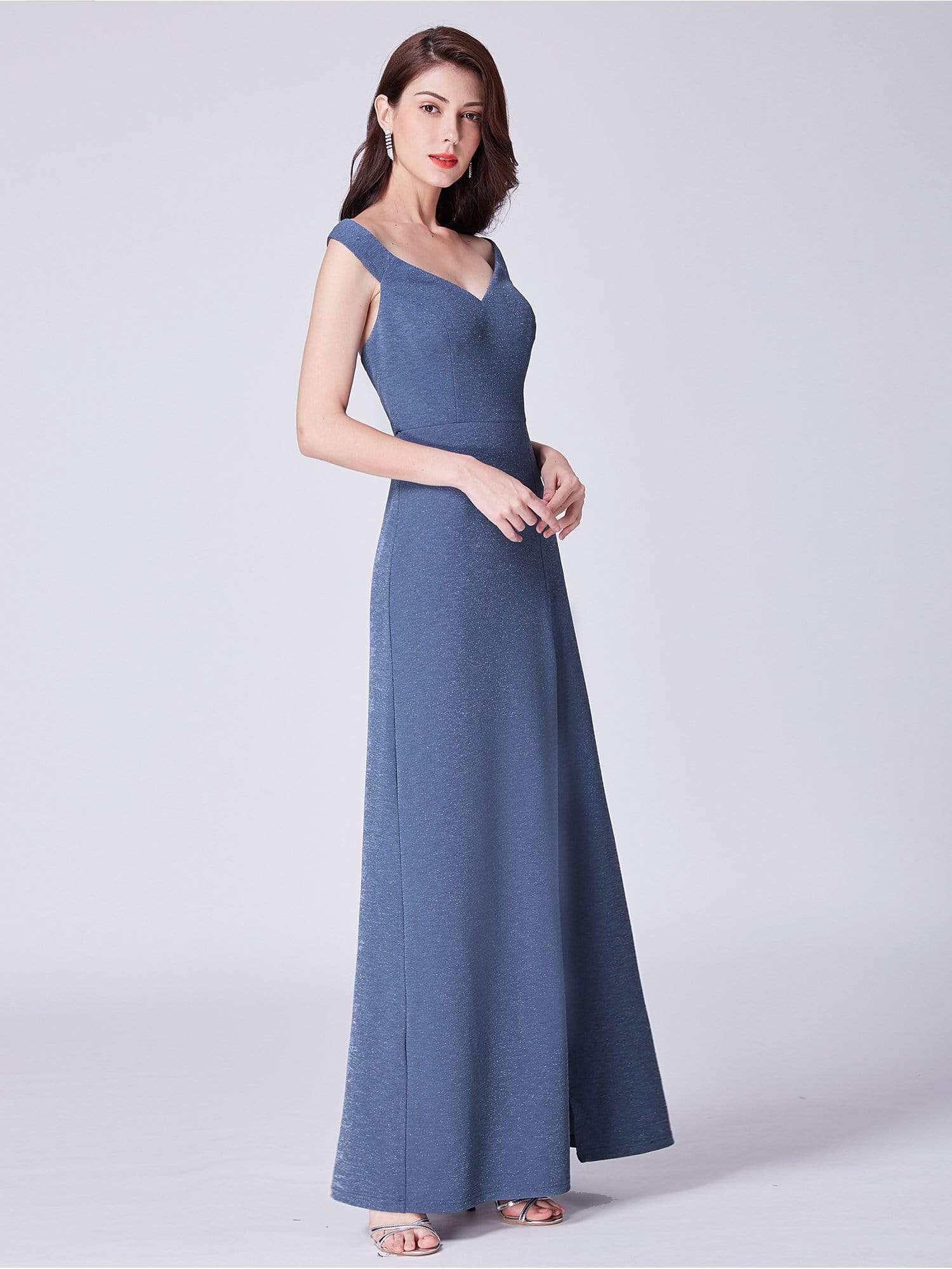 Color=Dusty Navy | Long Shimmery Off Shoulder Evening Dress-Dusty Navy 3