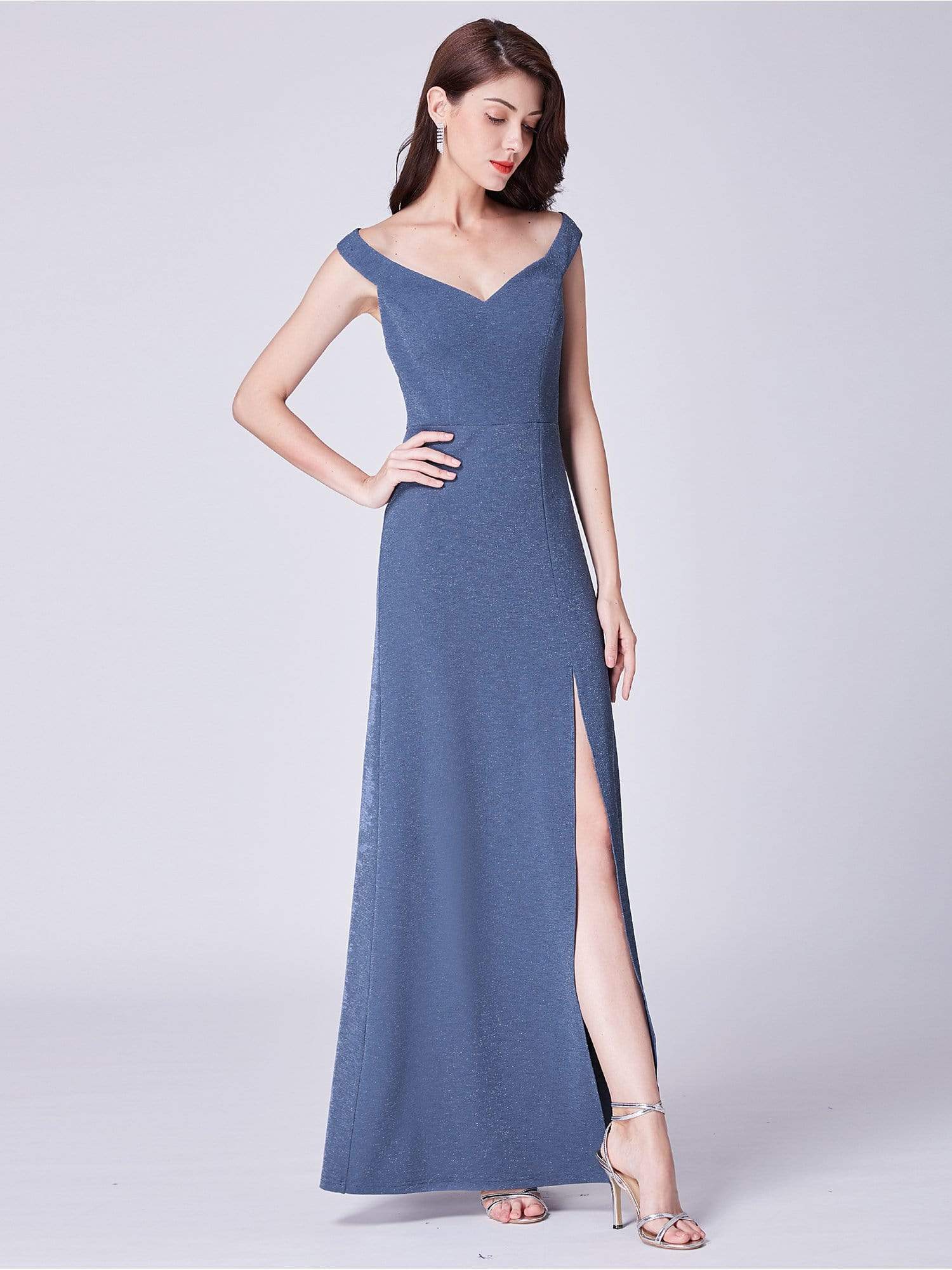 Color=Dusty Navy | Long Shimmery Off Shoulder Evening Dress-Dusty Navy 4