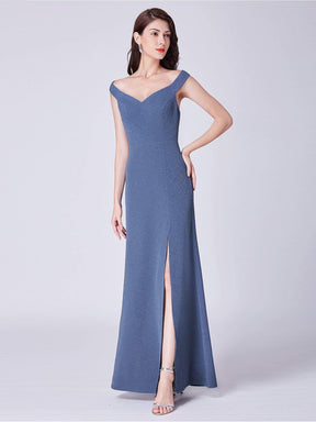 Color=Dusty Navy | Long Shimmery Off Shoulder Evening Dress-Dusty Navy 1