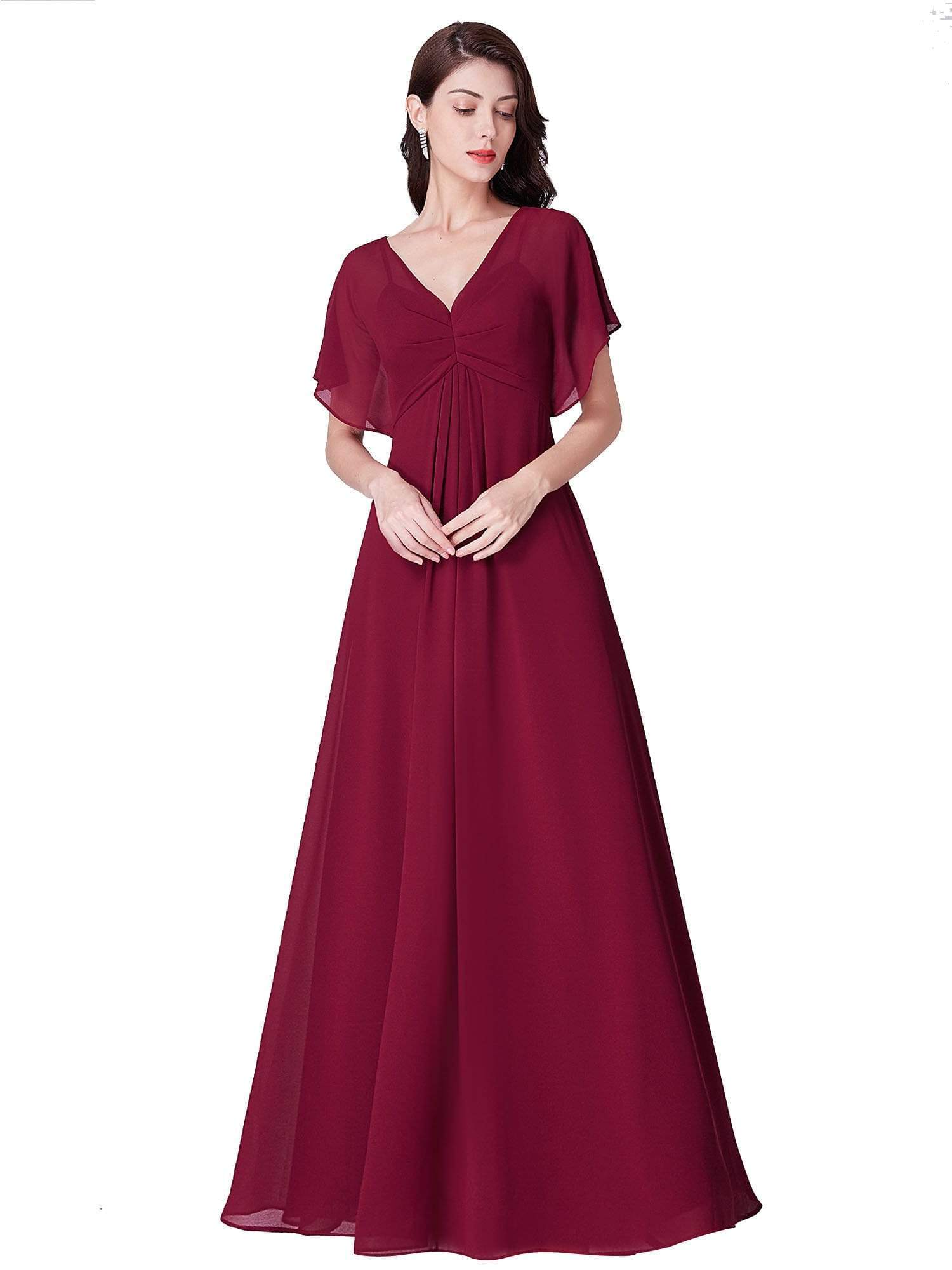 Color=Burgundy | Long Modest V Neck Evening Dress-Burgundy 2
