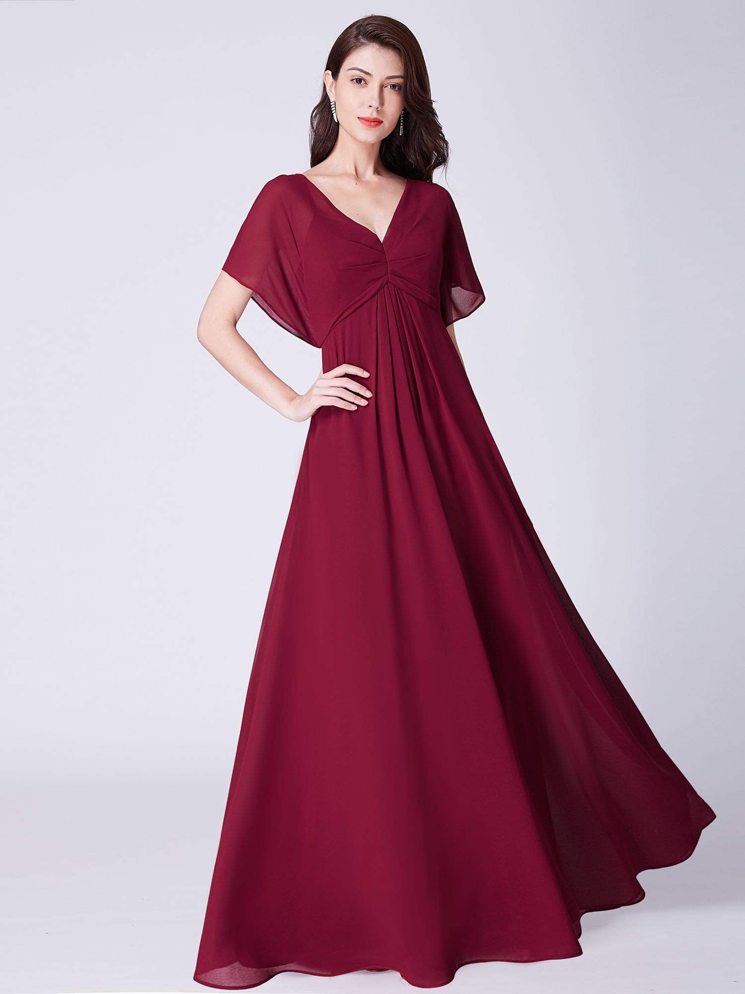 Color=Burgundy | Long Modest V Neck Evening Dress-Burgundy 5