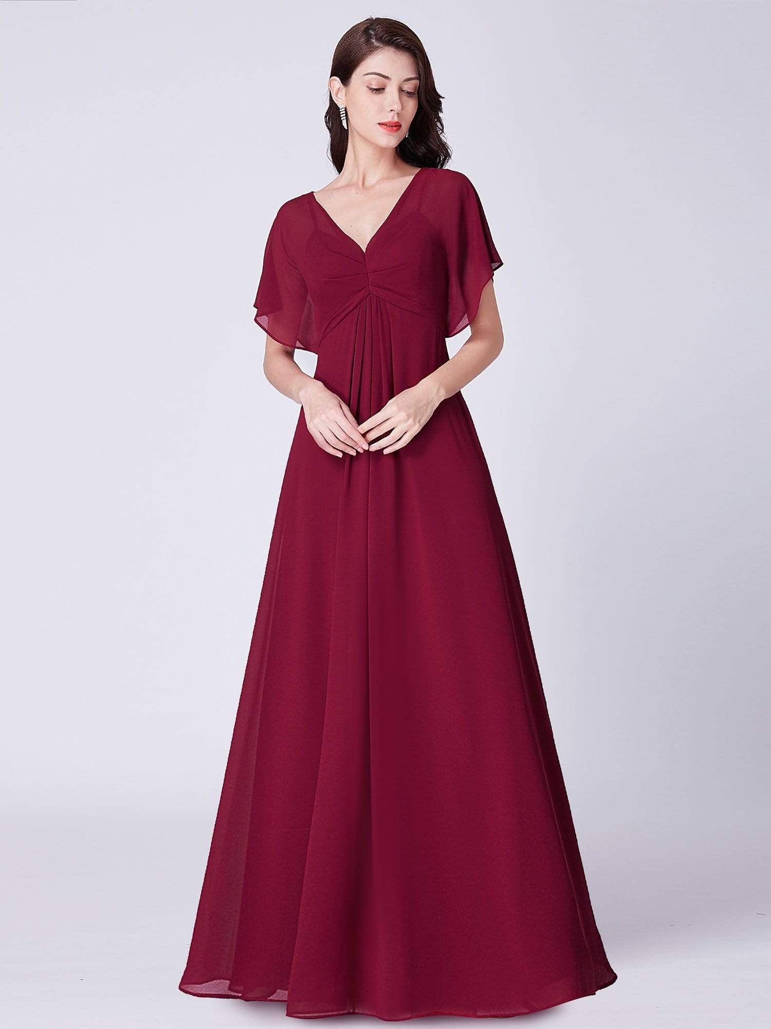 Color=Burgundy | Long Modest V Neck Evening Dress-Burgundy 1