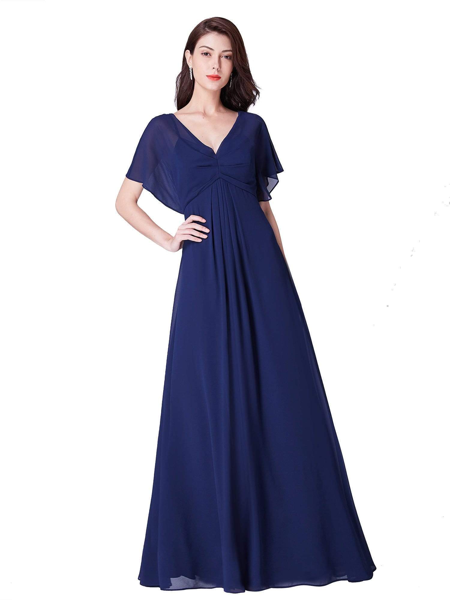 Color=Navy Blue | Long Modest V Neck Evening Dress-Navy Blue 2