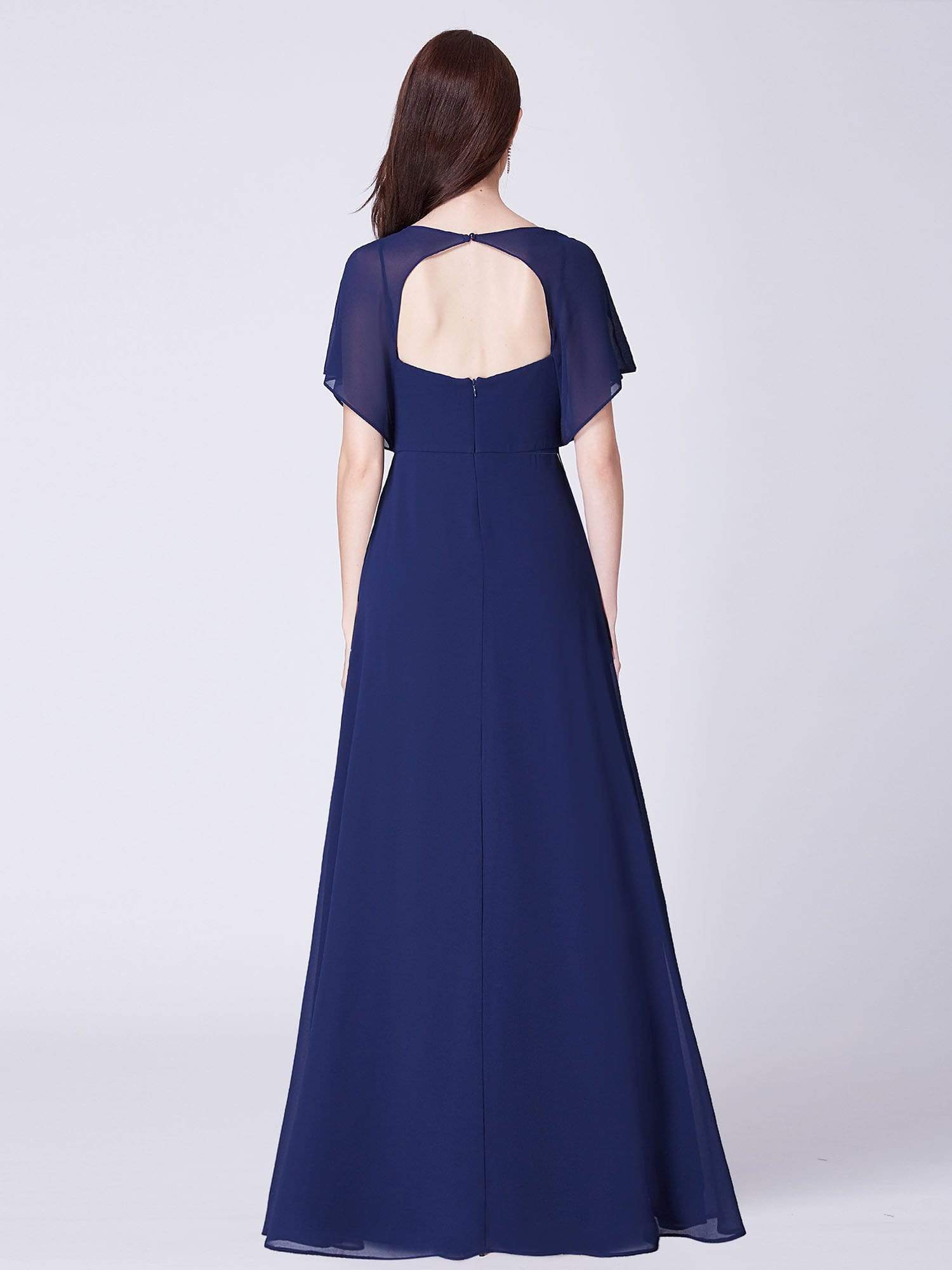 Color=Navy Blue | Long Modest V Neck Evening Dress-Navy Blue 3