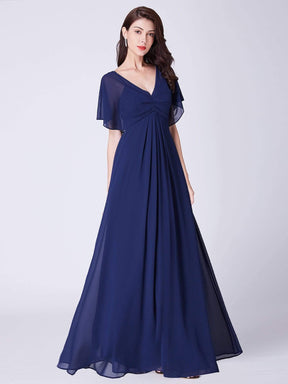 Color=Navy Blue | Long Modest V Neck Evening Dress-Navy Blue 4