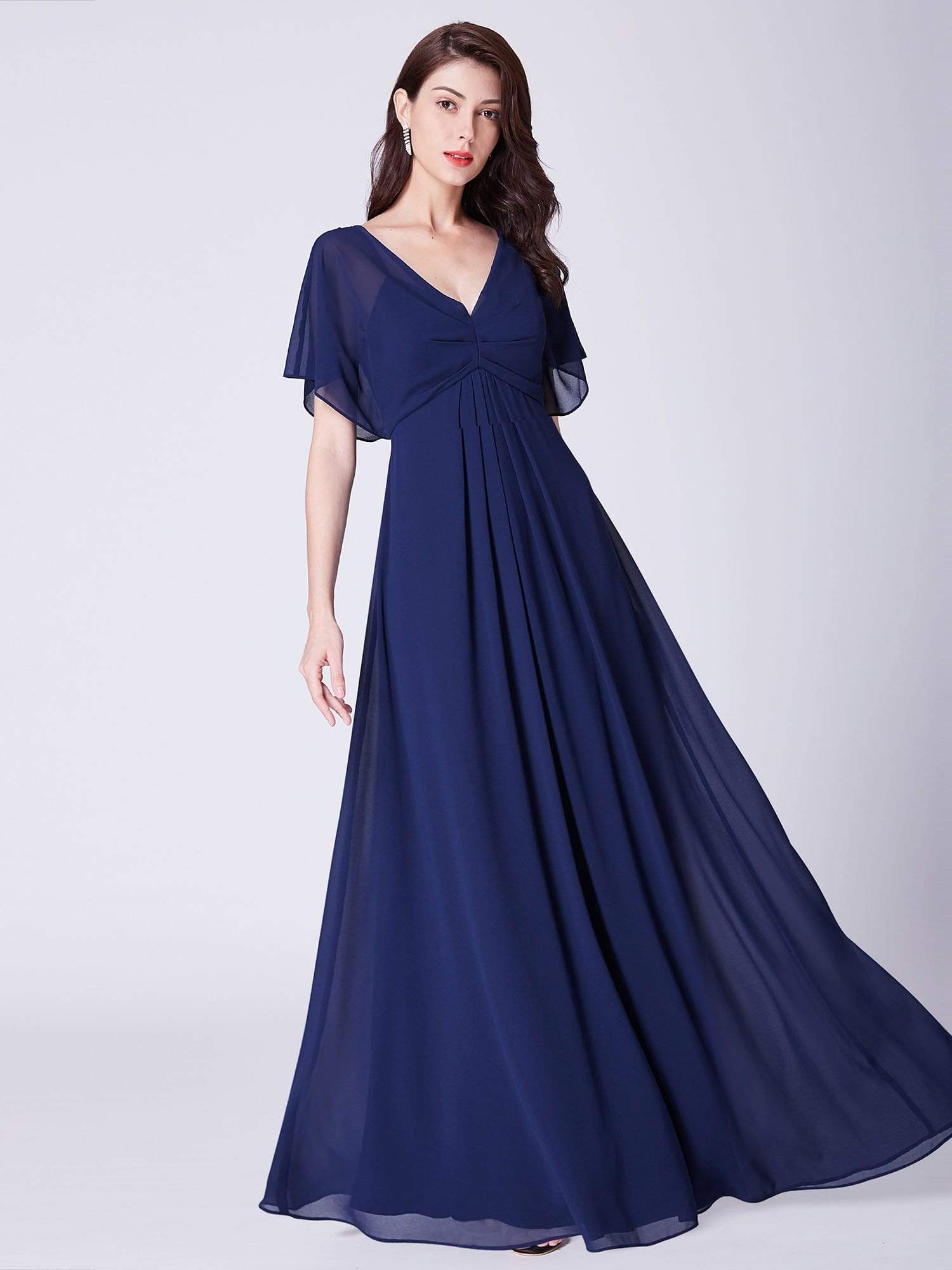 Color=Navy Blue | Long Modest V Neck Evening Dress-Navy Blue 5