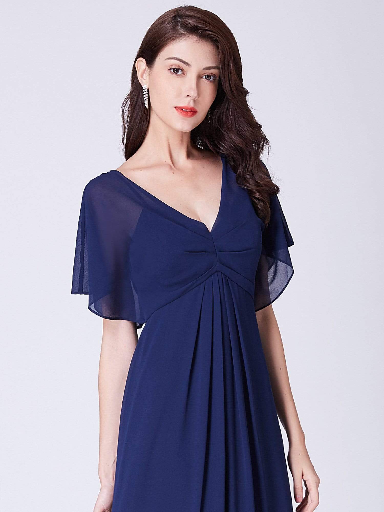 Color=Navy Blue | Long Modest V Neck Evening Dress-Navy Blue 6