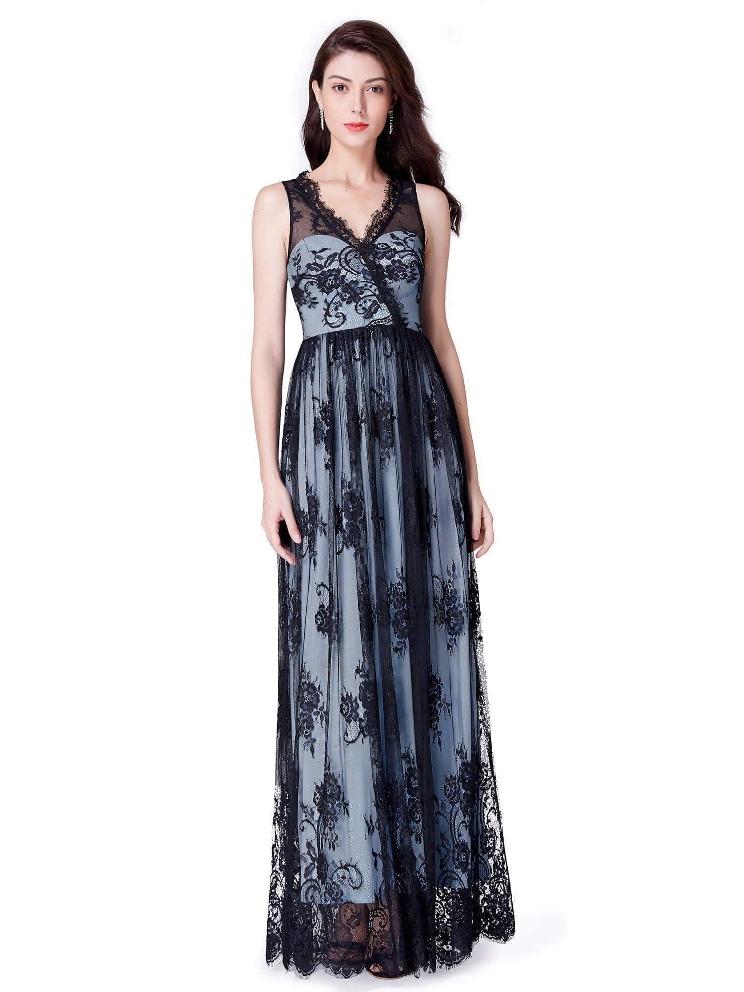 blue dress with black lace overlay Long Evening Dress with Sheer Lace Overlay