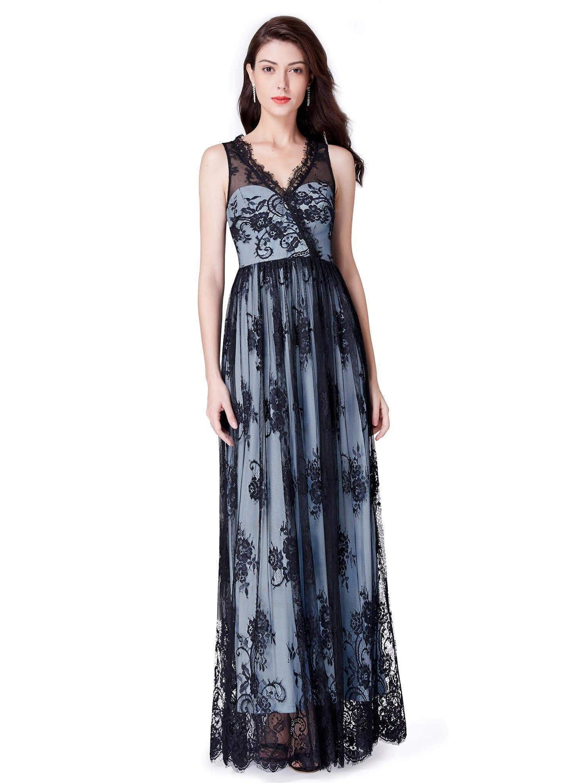Color=Black | Long Evening Dress With Sheer Lace Overlay-Black 2