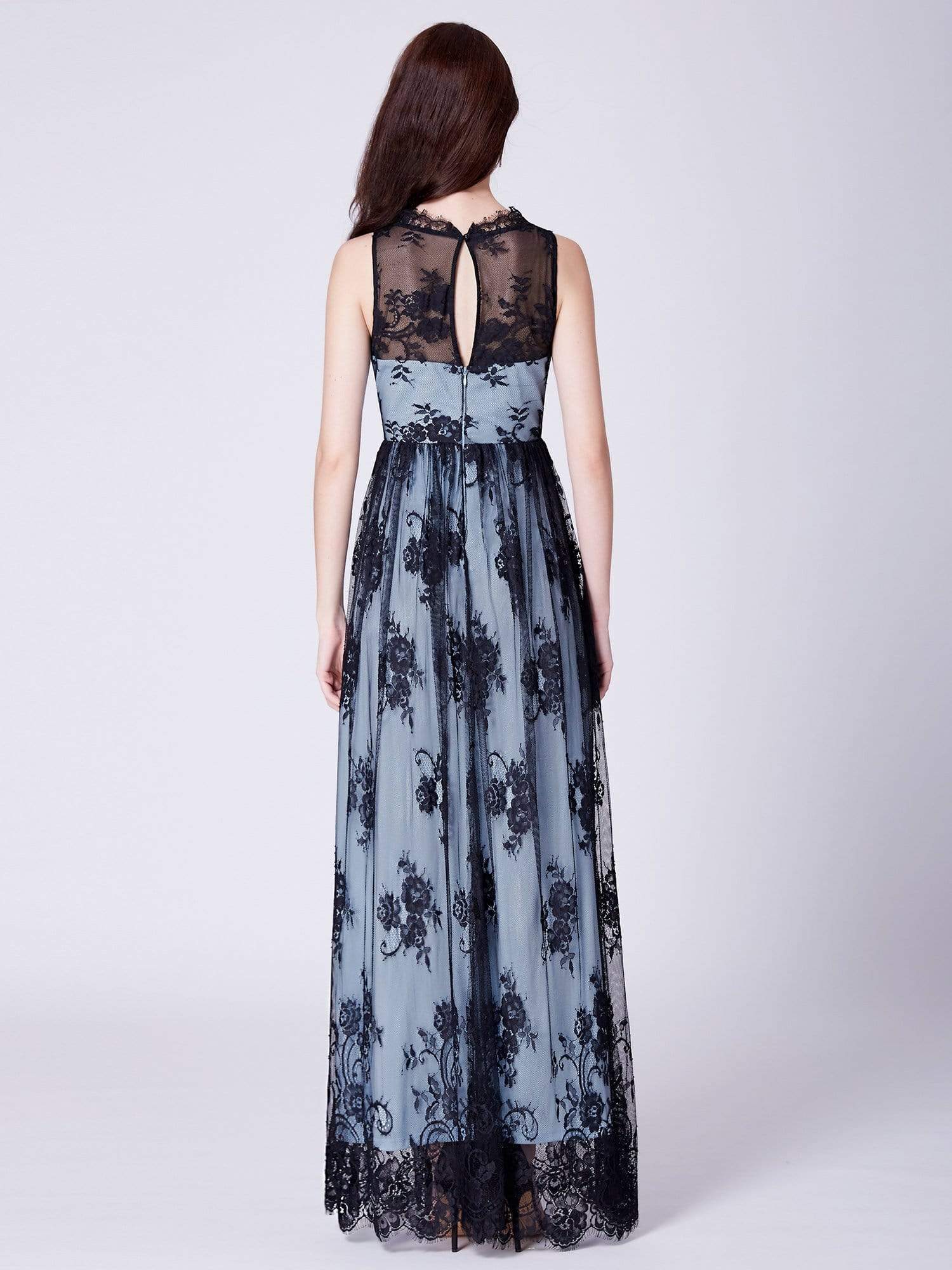 Color=Black | Long Evening Dress With Sheer Lace Overlay-Black 3