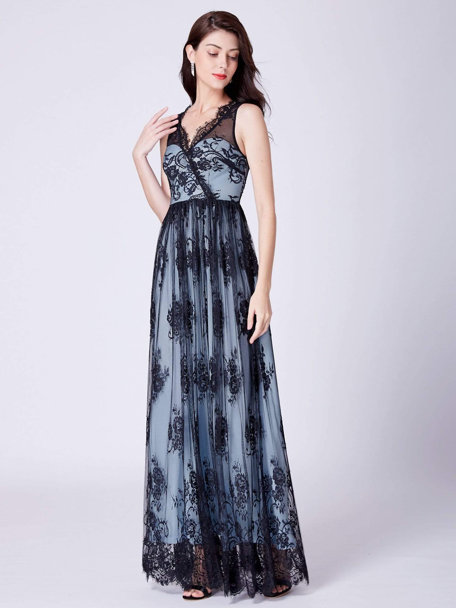 Color=Black | Long Evening Dress With Sheer Lace Overlay-Black 4