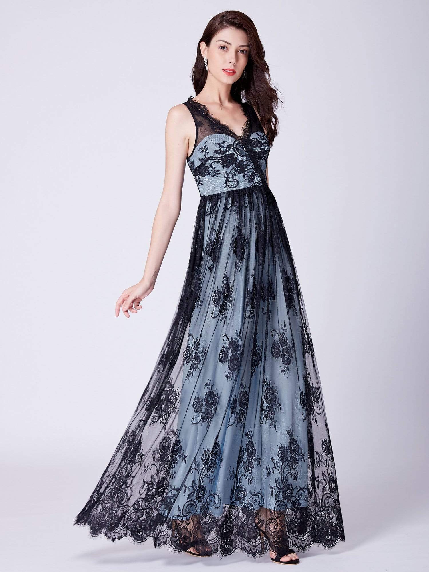 Color=Black | Long Evening Dress With Sheer Lace Overlay-Black 5