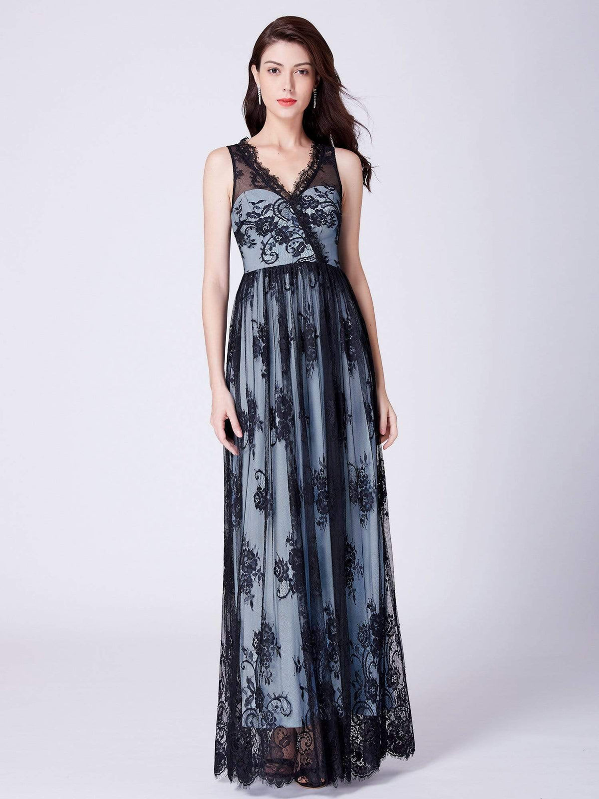 Color=Black | Long Evening Dress With Sheer Lace Overlay-Black 1