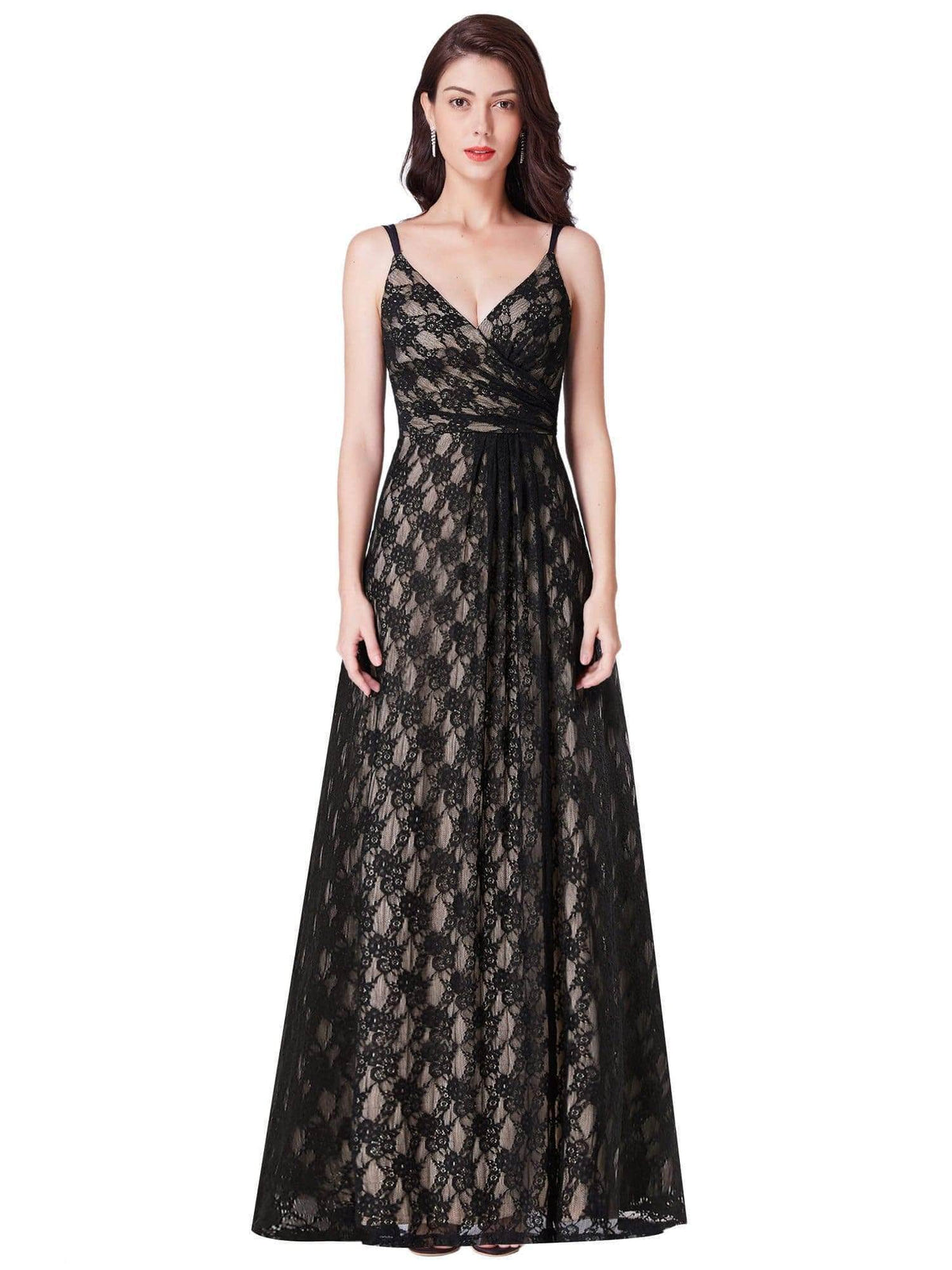 Color=Black | Floor Length Black Lace Evening Dress-Black 2